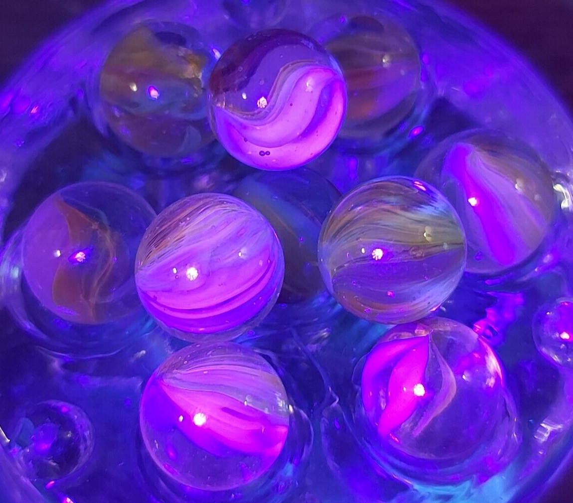Lot 10 VTG UV Reactive Marbles Cadmium Uranium Cats Eye SMALL SIZE Unique!