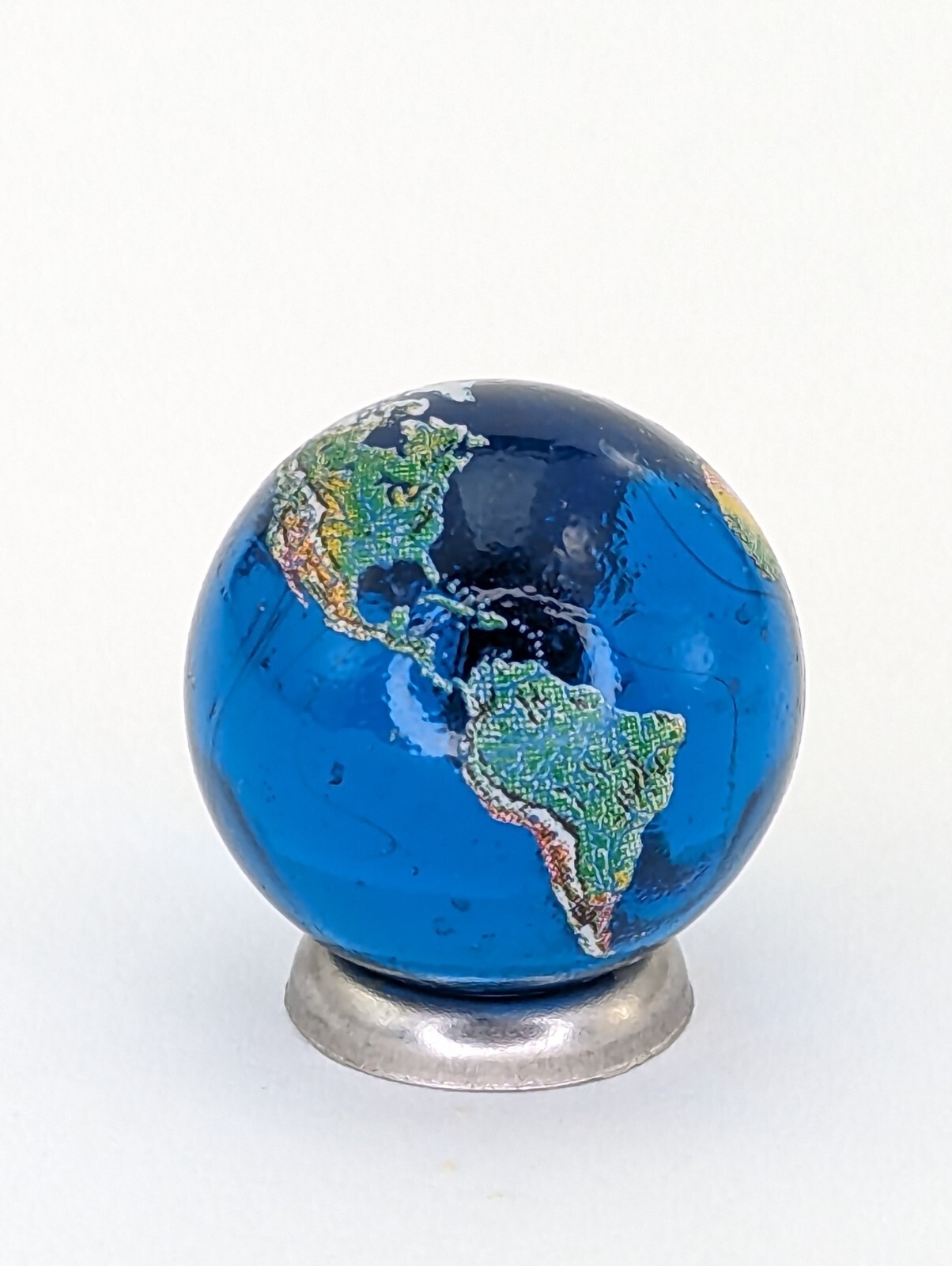 Blue Glass Marble Earth Globe Metal Stand Doll Size .875-inch Planet 22 mm