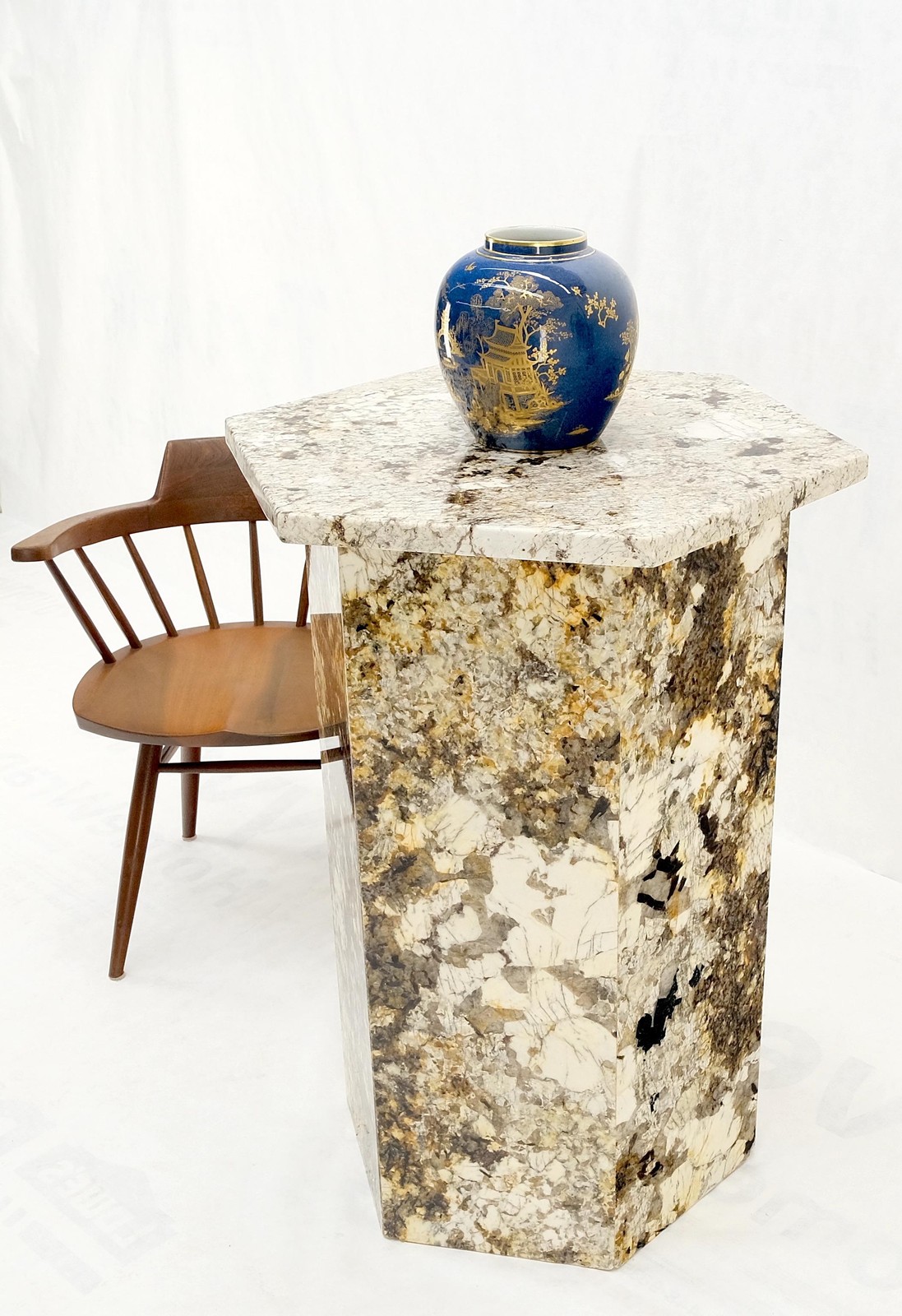 Large Polished Marble Stone Hexagon Shape 38″ Tall Pedestal MINT!
