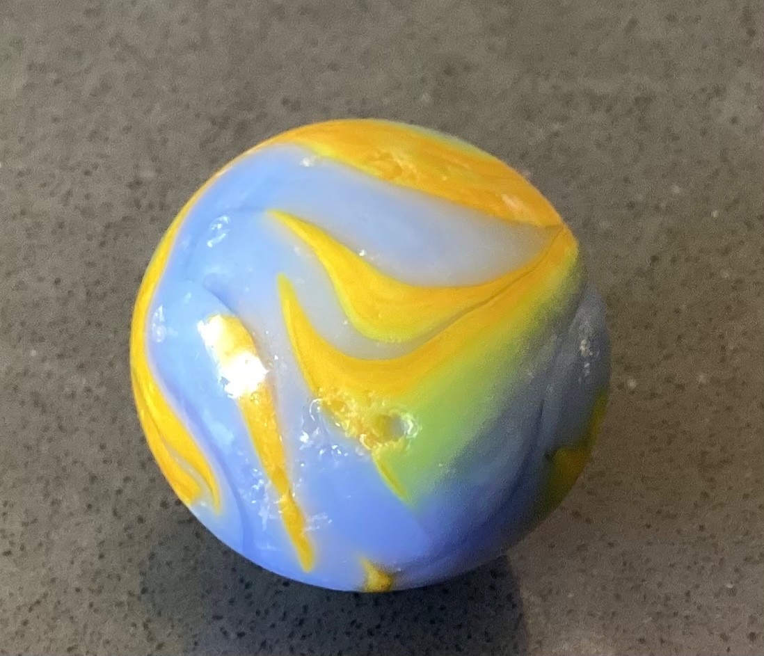 Marble Alley Agate Shooter Boulder Blue Yellow Flames Played Good+ to NM- 0.99”