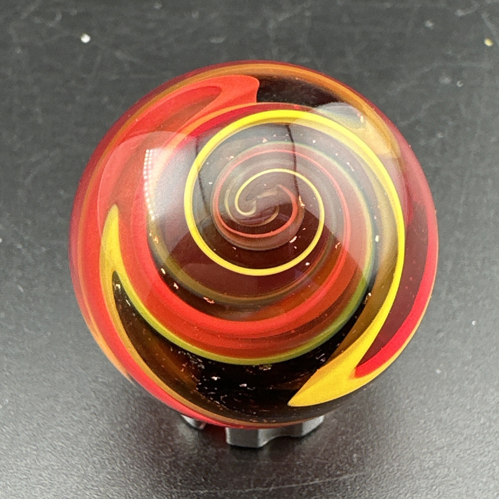 Contemporary Handmade Art Glass Marble 1.09″ Red Yellow Swirl Dichroic Sparkle