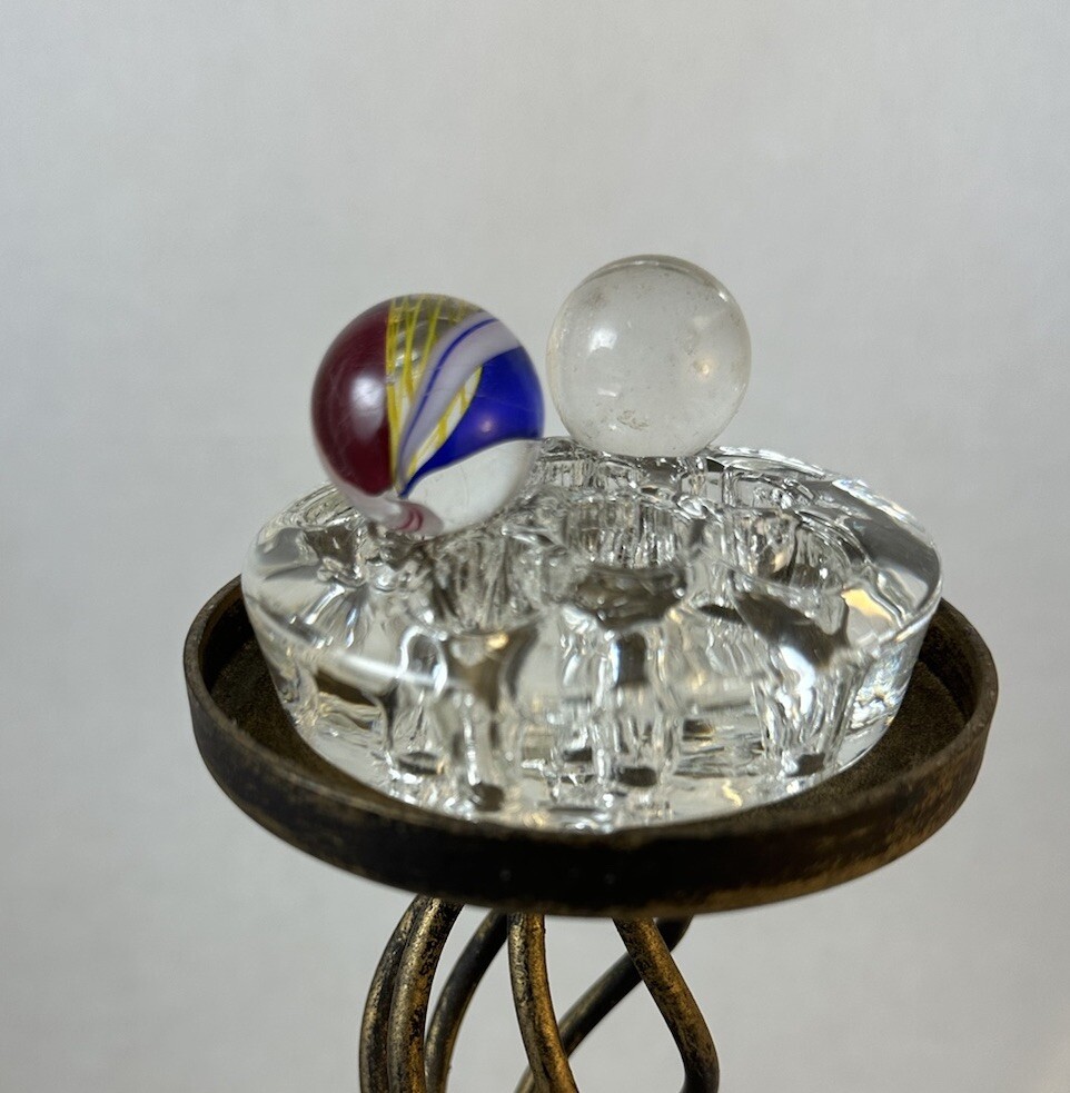 2 MARBLES CLEAR 39/64 & RED, WHITE & BLUE SWIRLS w/ YELLOW LATTICE CORE 77/128