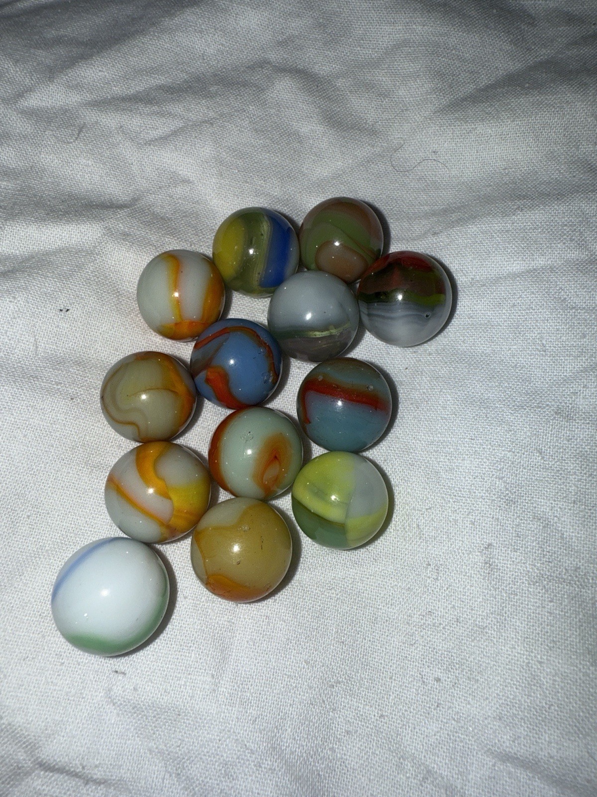 13 Vintage Multicolor Swirl Marbles | Blue Green Yellow Orange | Pre-1970