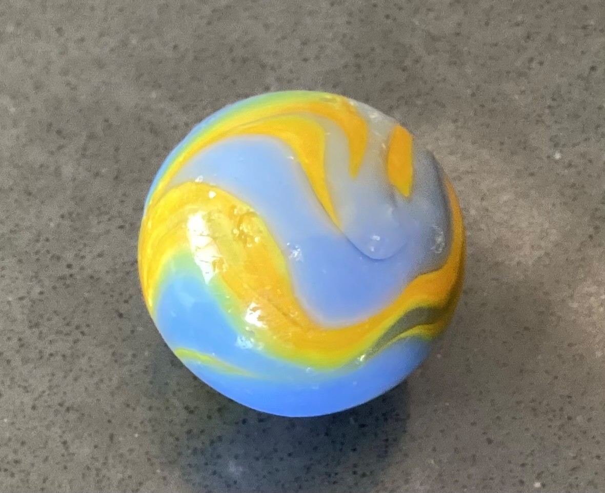 Marble Alley Agate Shooter Boulder Blue Yellow Flames Played Good+ to NM- 0.99”