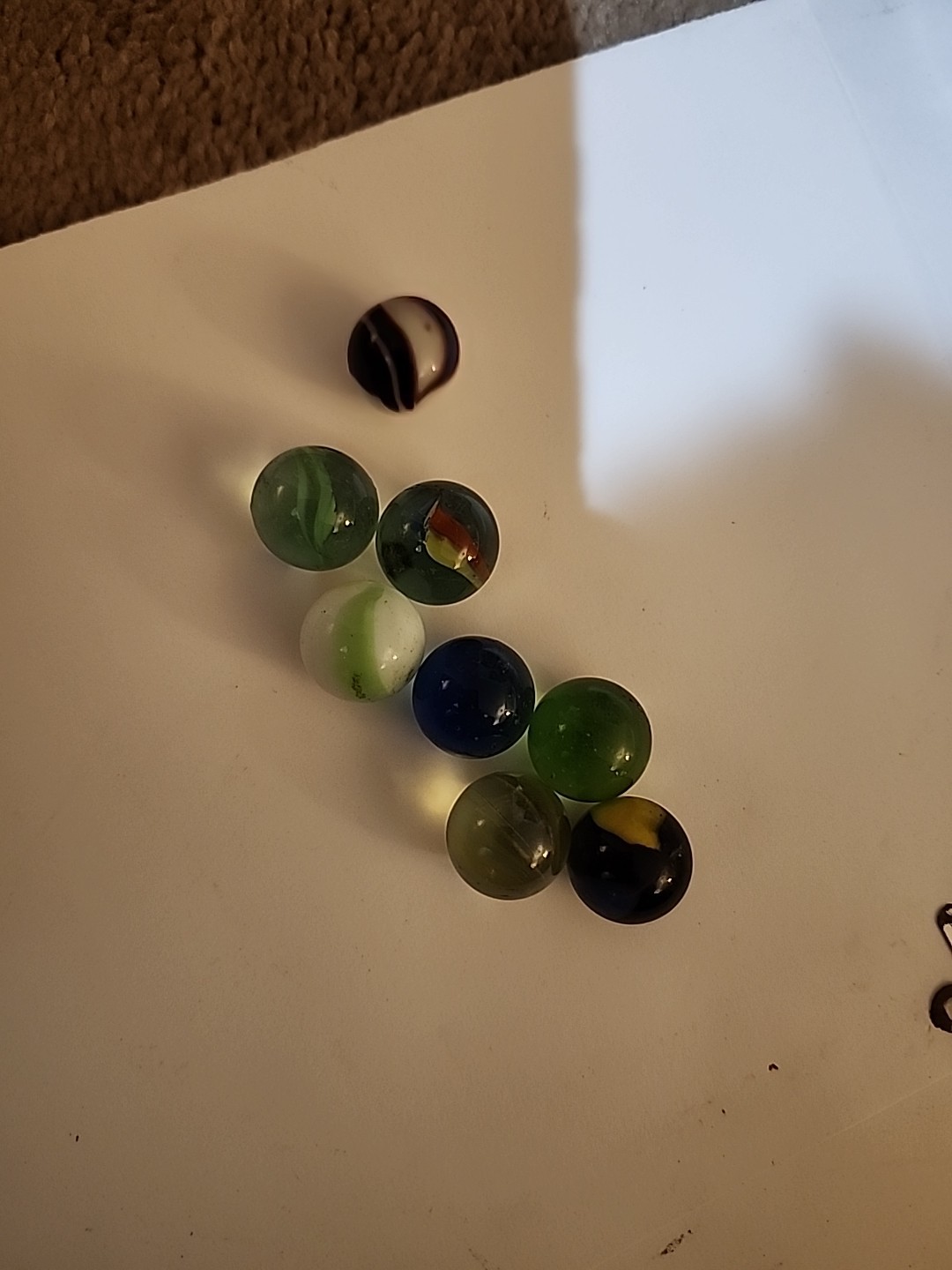 Vintage Lot 61 Glass Marbles Green yellow White brown swirl Black 2 Shooters
