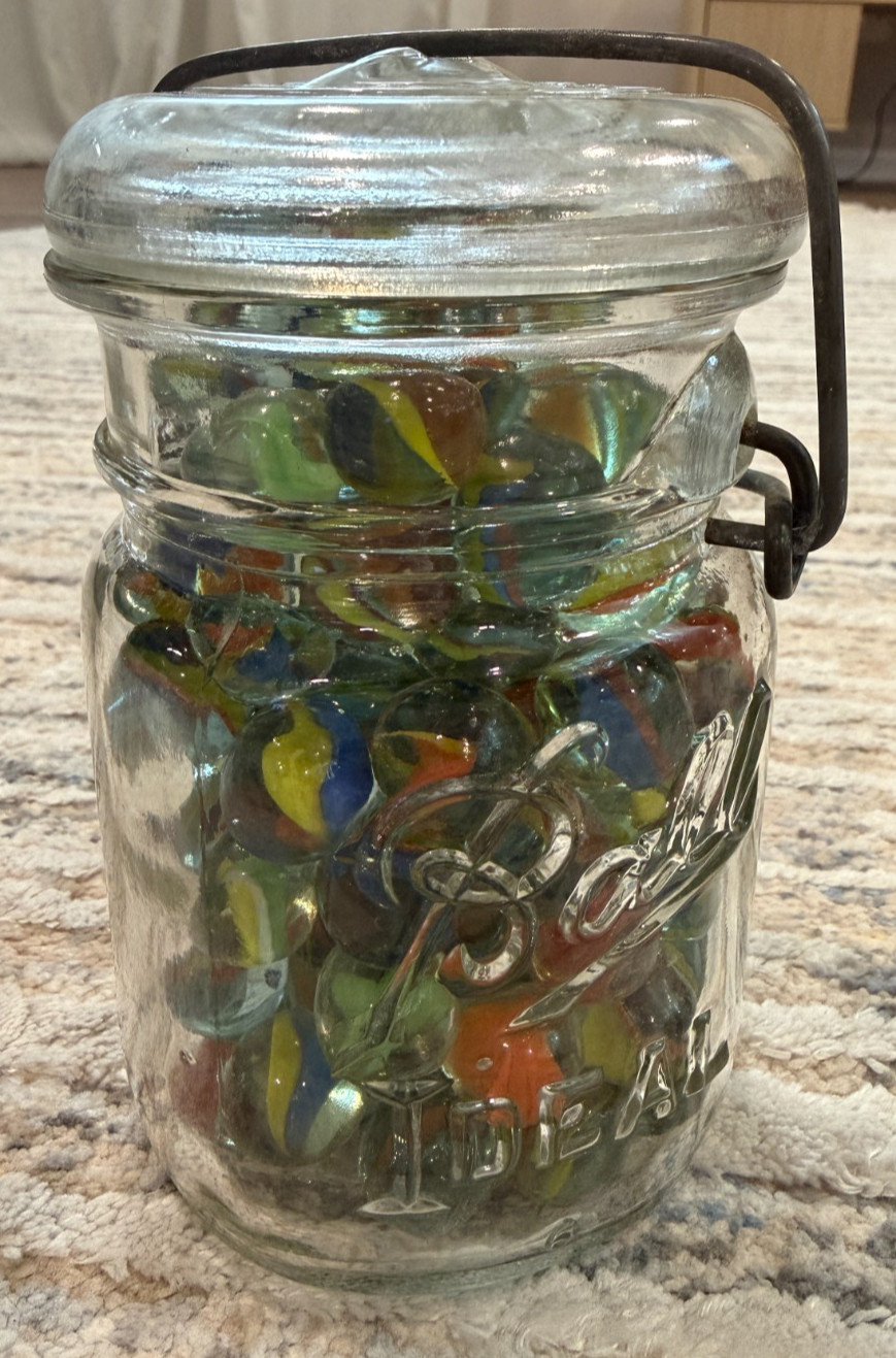 Vintage Ball Ideal Glass Mason Jar Filled with 1 Lb Cat’s Eye Marbles Shooters