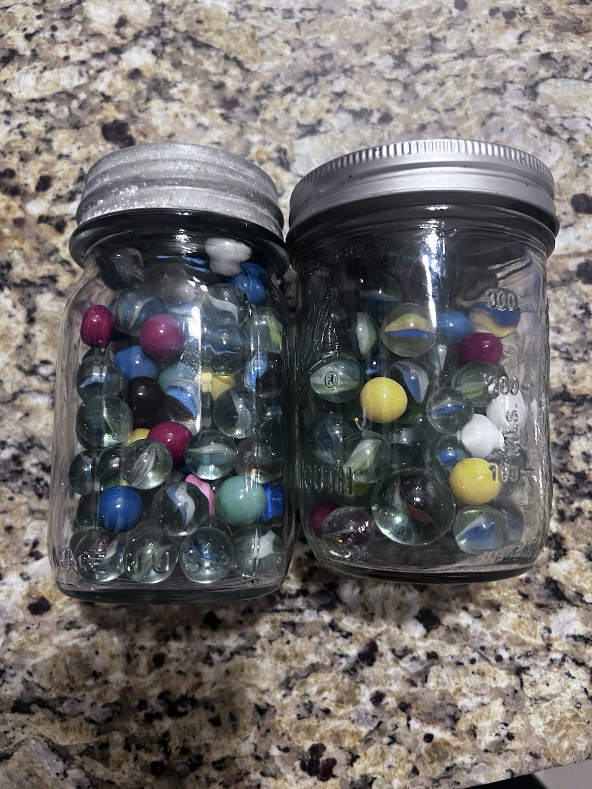 Lot Of Vintage Marbles – Different Sizes And Colors In Mason Jars