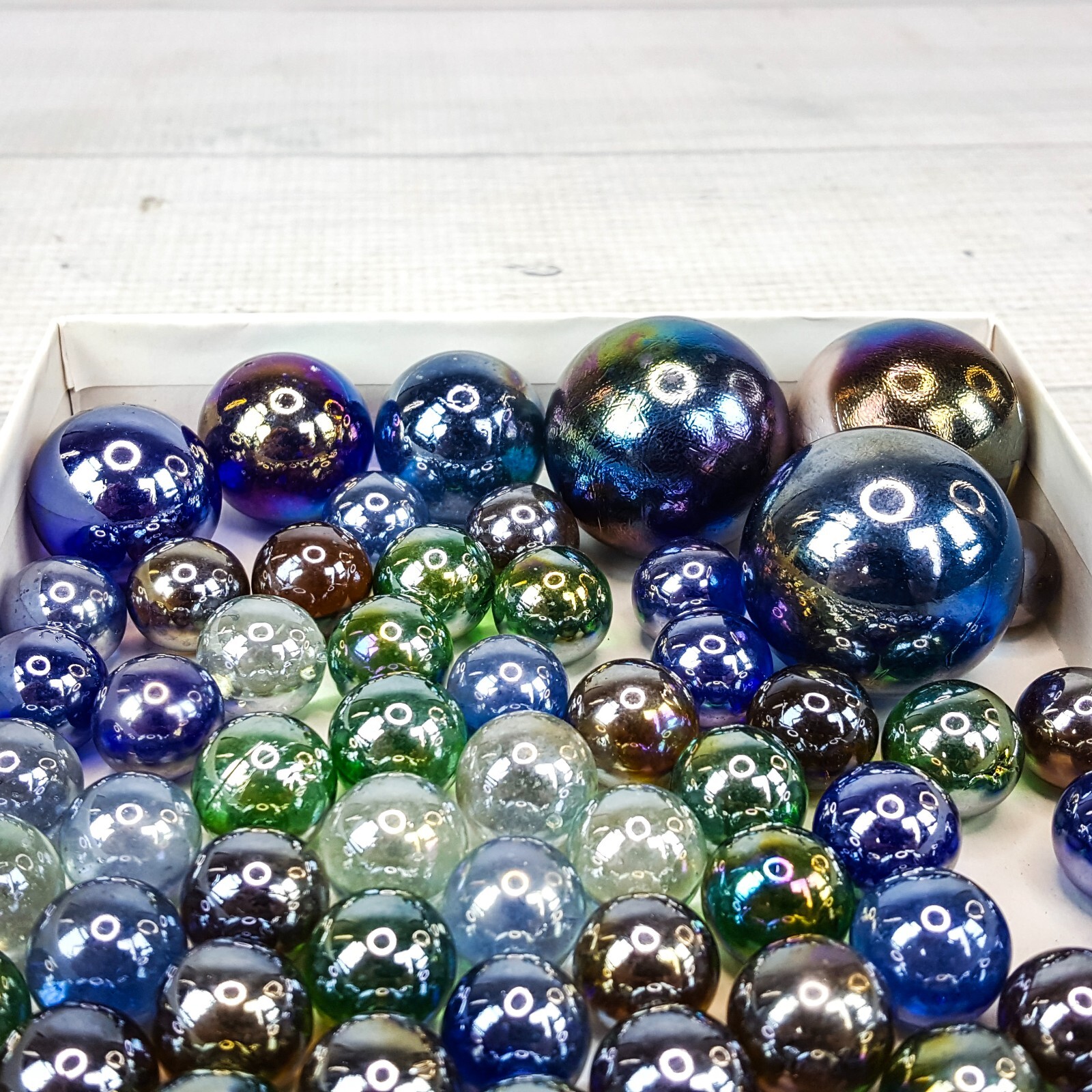 Vintage 15mm Marble 120pc LOT Metallic Blue Green Silver Glass & 6pc Shooter