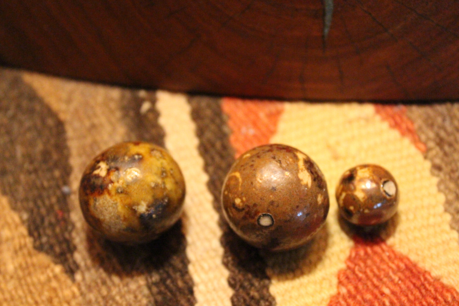 3 Very Old German Brown Bennington Clay Salt Glazed Marbles size 30mm and 18mm