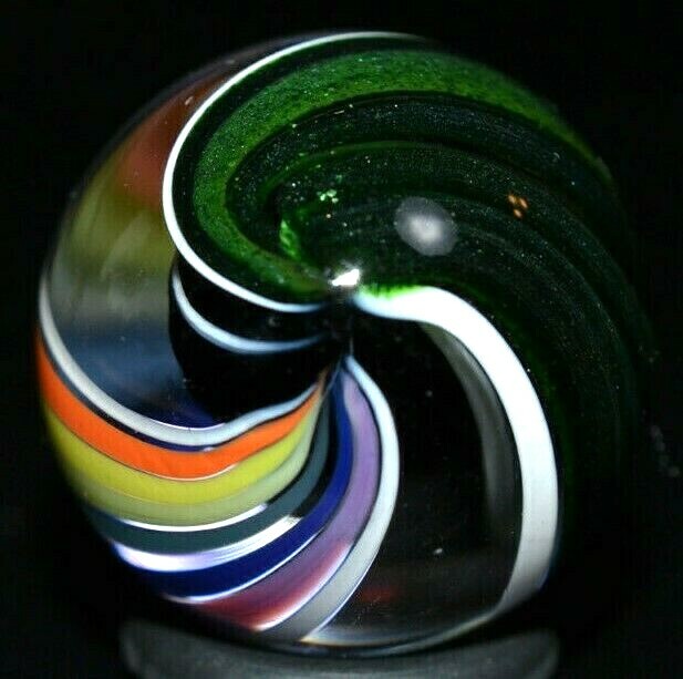 JODY FINE HANDMADE GLASS MARBLE/.880″-ZEBRA CORE w/RAINBOW & GREEN LUTZ RIBBONS-