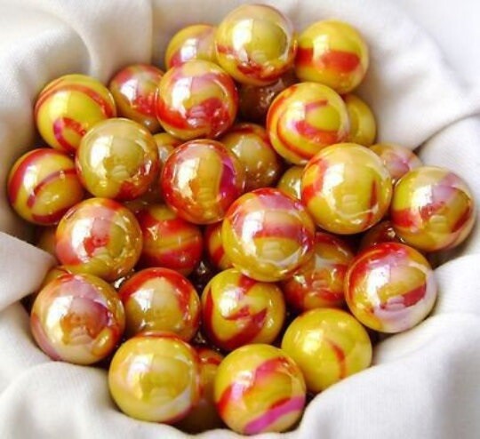 Pk 500 Sun 12mm (1/2 inch) PeeWee Glass Marbles Iridescent Yellow w Red Swirls