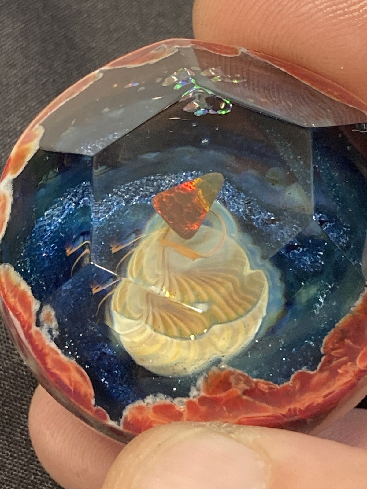 Glass Boro Marble 41mm W/ Opal Stone Hand Made Art Faceted ￼space Sculpture