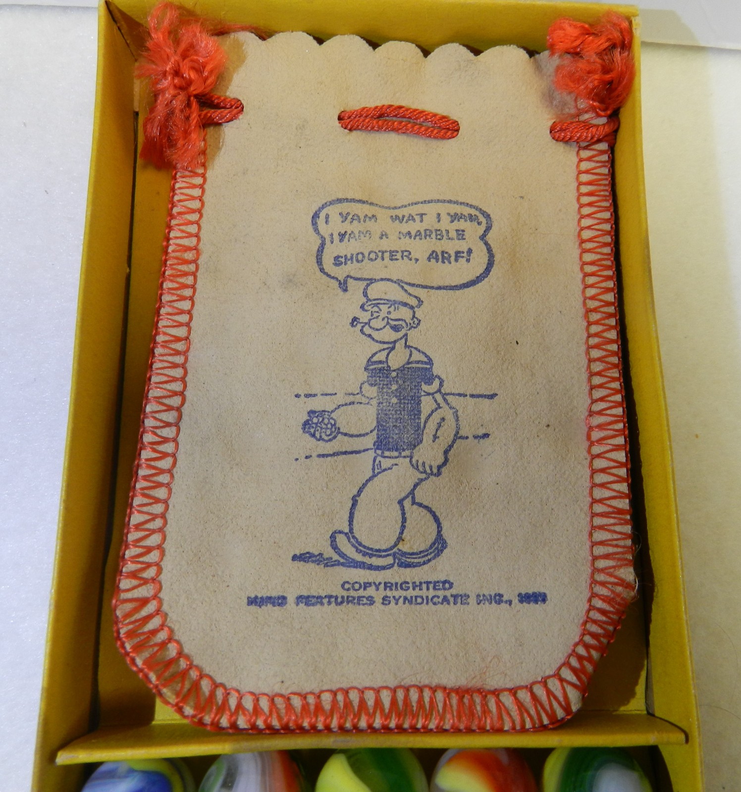 Original Vintage Akro Agate Popeye Box With Marbles and Bag
