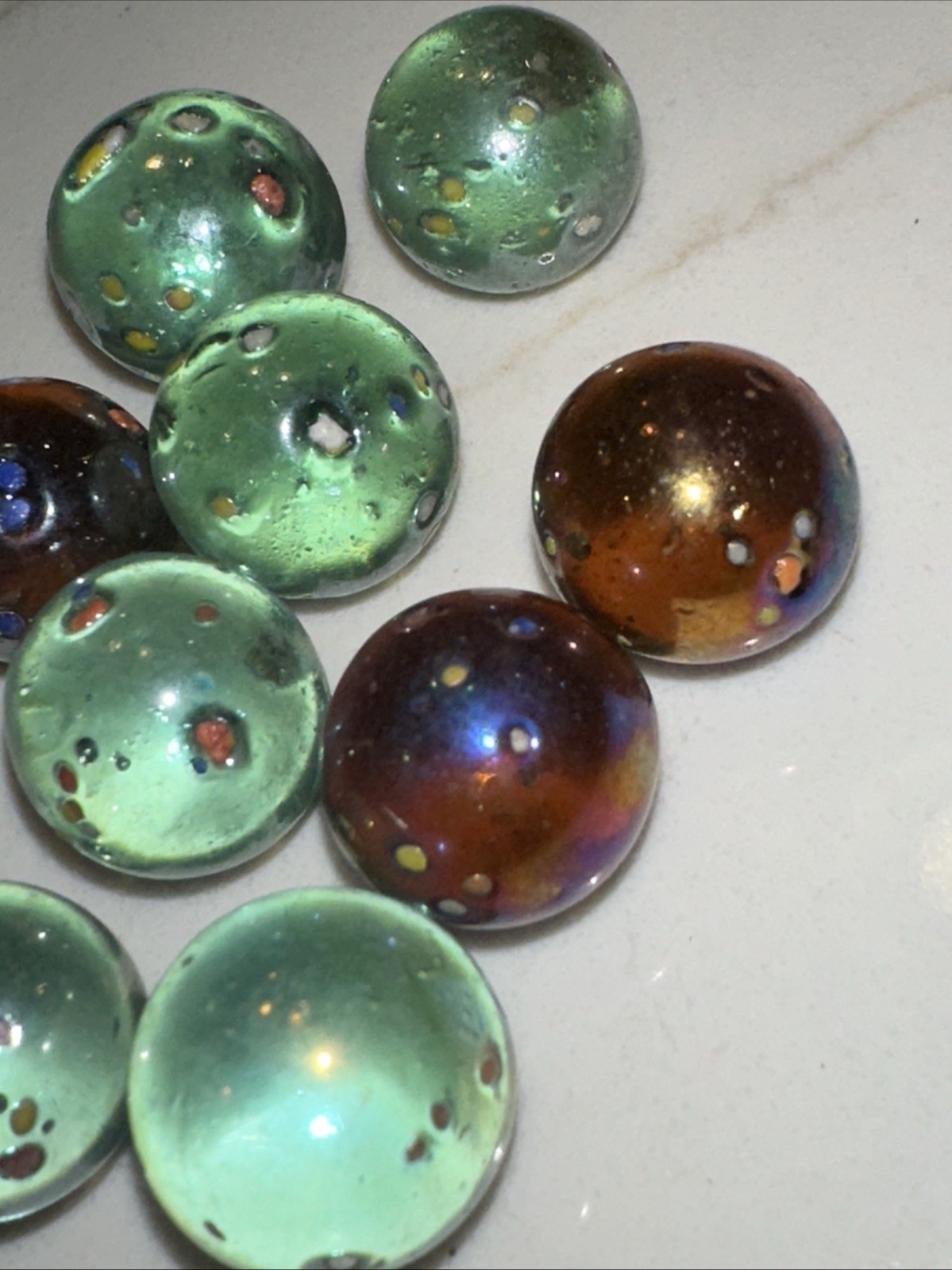 Lot Of 9 MARBLES Vintage Glass Confetti Speckled Purple Or Blue Clear