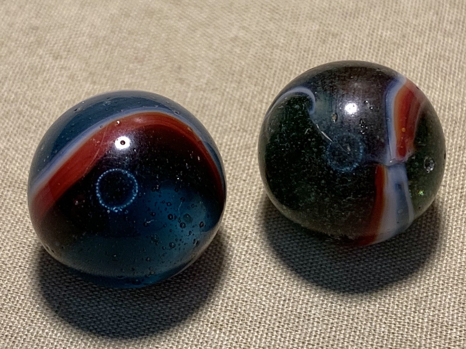 2 Vtg Rare Peltier Glass Co. White Red & Blue Transparent Rainbo Marbles 0.629”