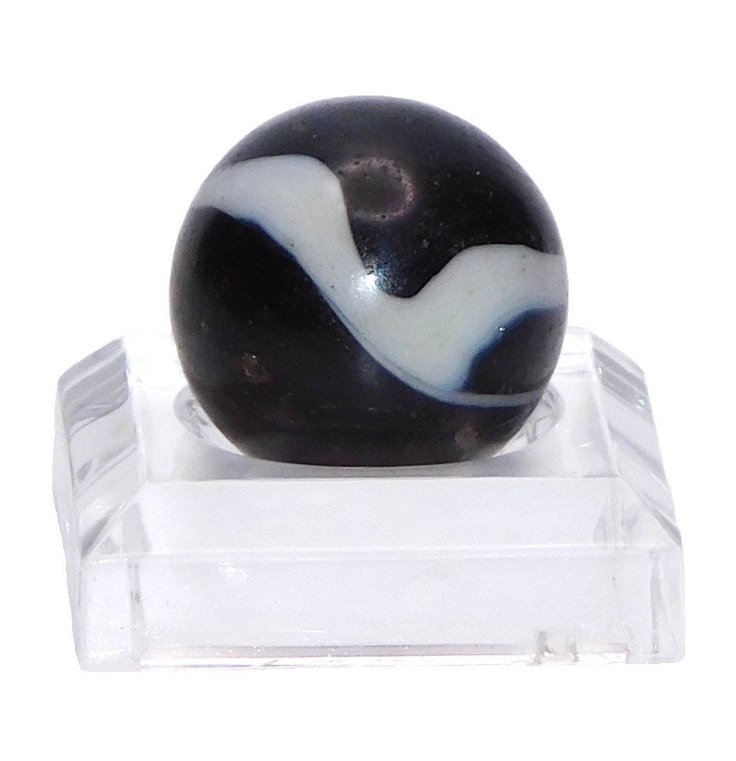 Vintage Glass Marble Near Opaque Black White Corkscrew? UV Reactive 0.59″ #U-15