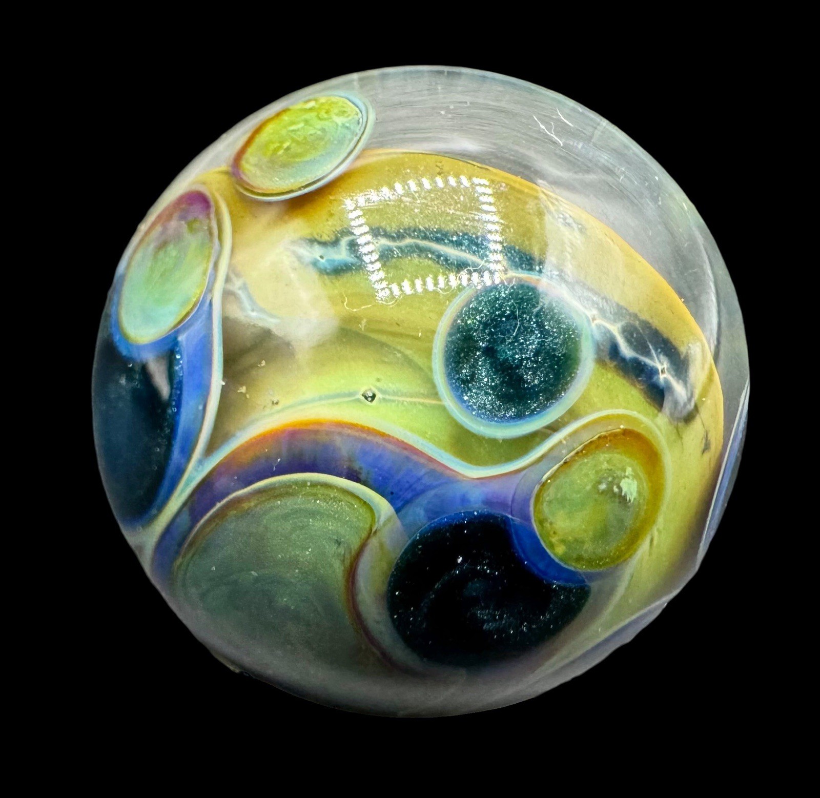 Contemporary Handmade Art Glass Marble 1.23″ Blue Green Purple Planet Crackle