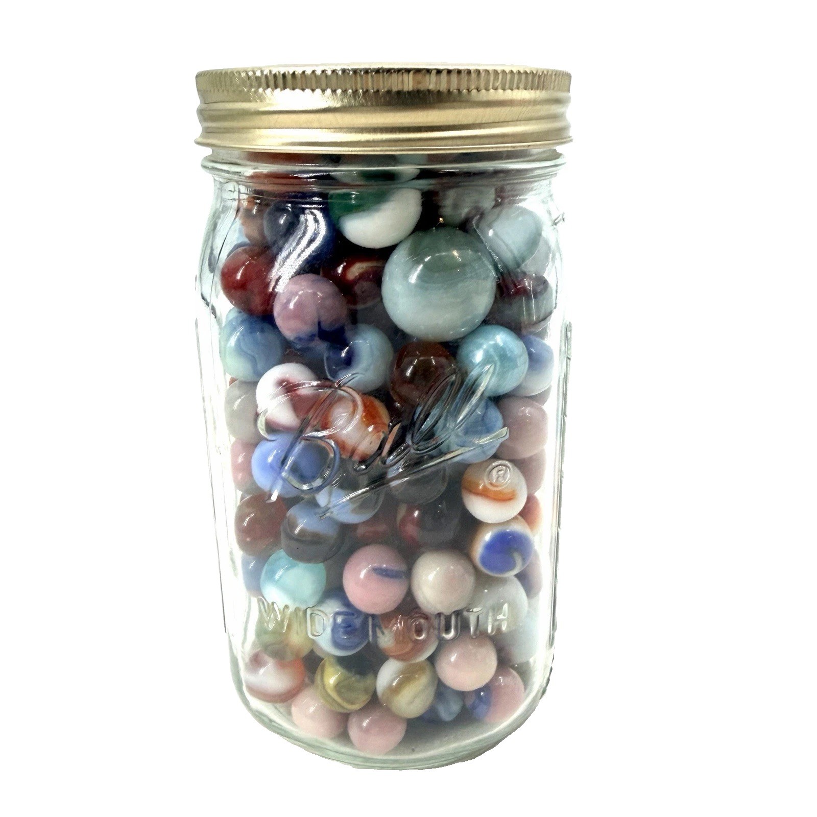 Lot of Vintage Colorful Swirl Marbles in Full Glass Ball Jar Canister 2.14 lbs
