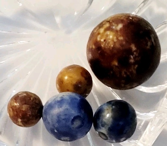 5 Early German Hand Made Marbles, Brown & Blue