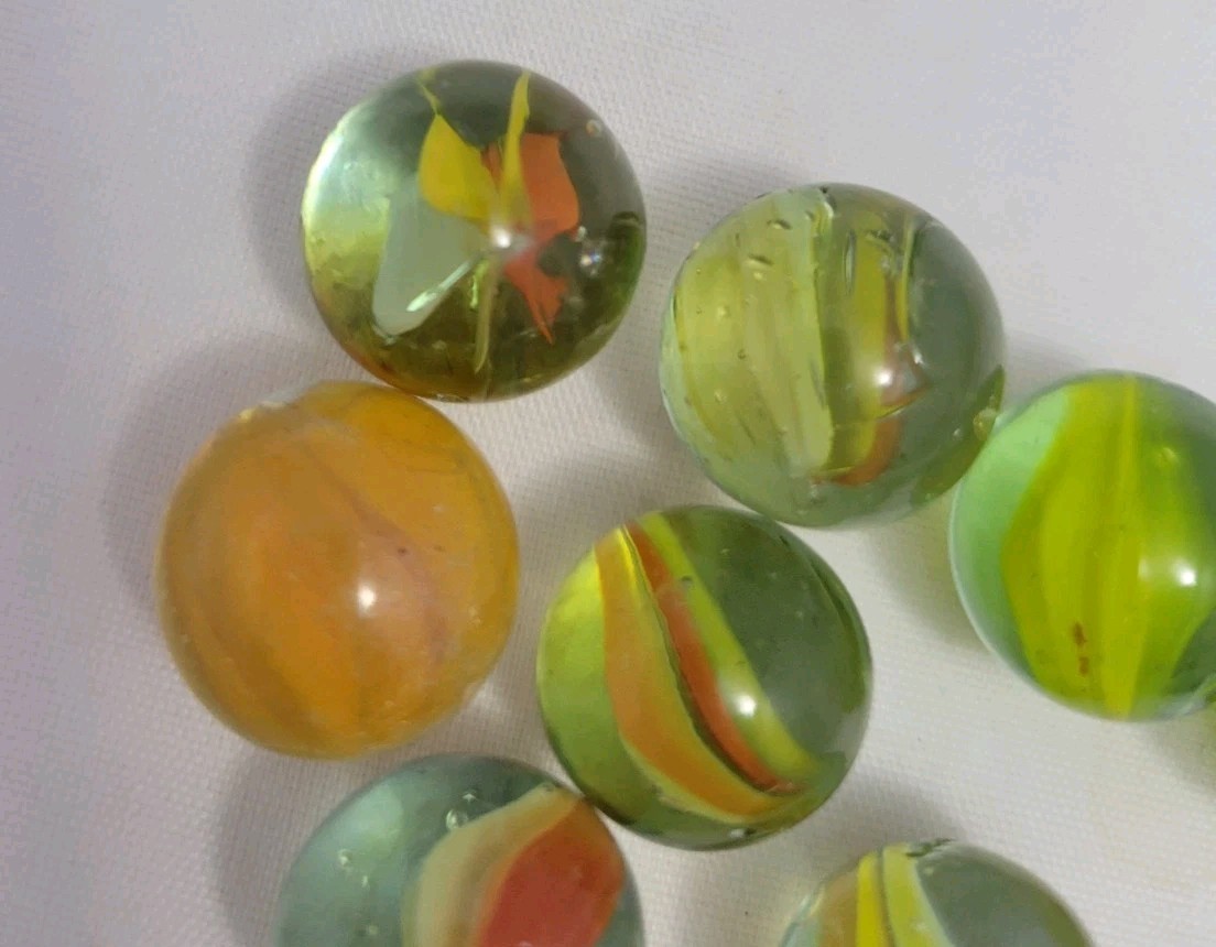Vintage Cat Eye 6 Vein Yellow And Orange Marbles Mixed 5/8 Diam. Lot 6