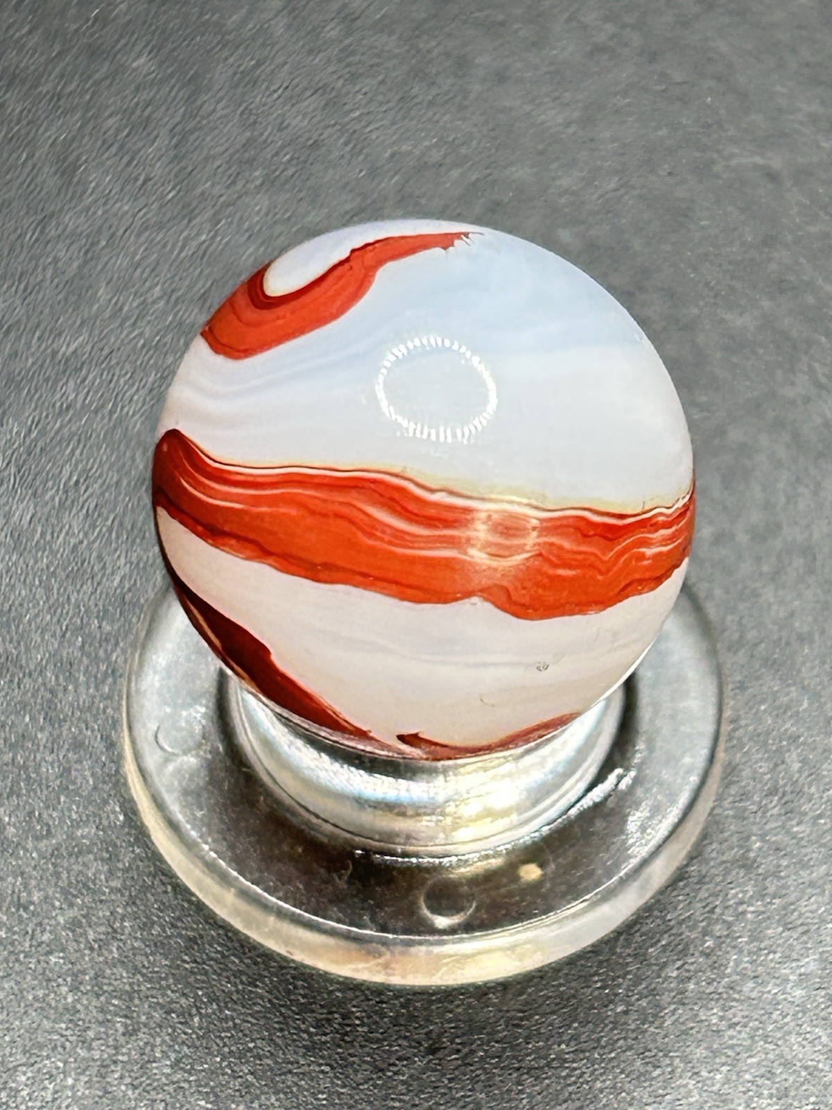 Vintage Akro Agate Silver Oxblood Marble Thick Oxblood Snake Pattern 0.629”