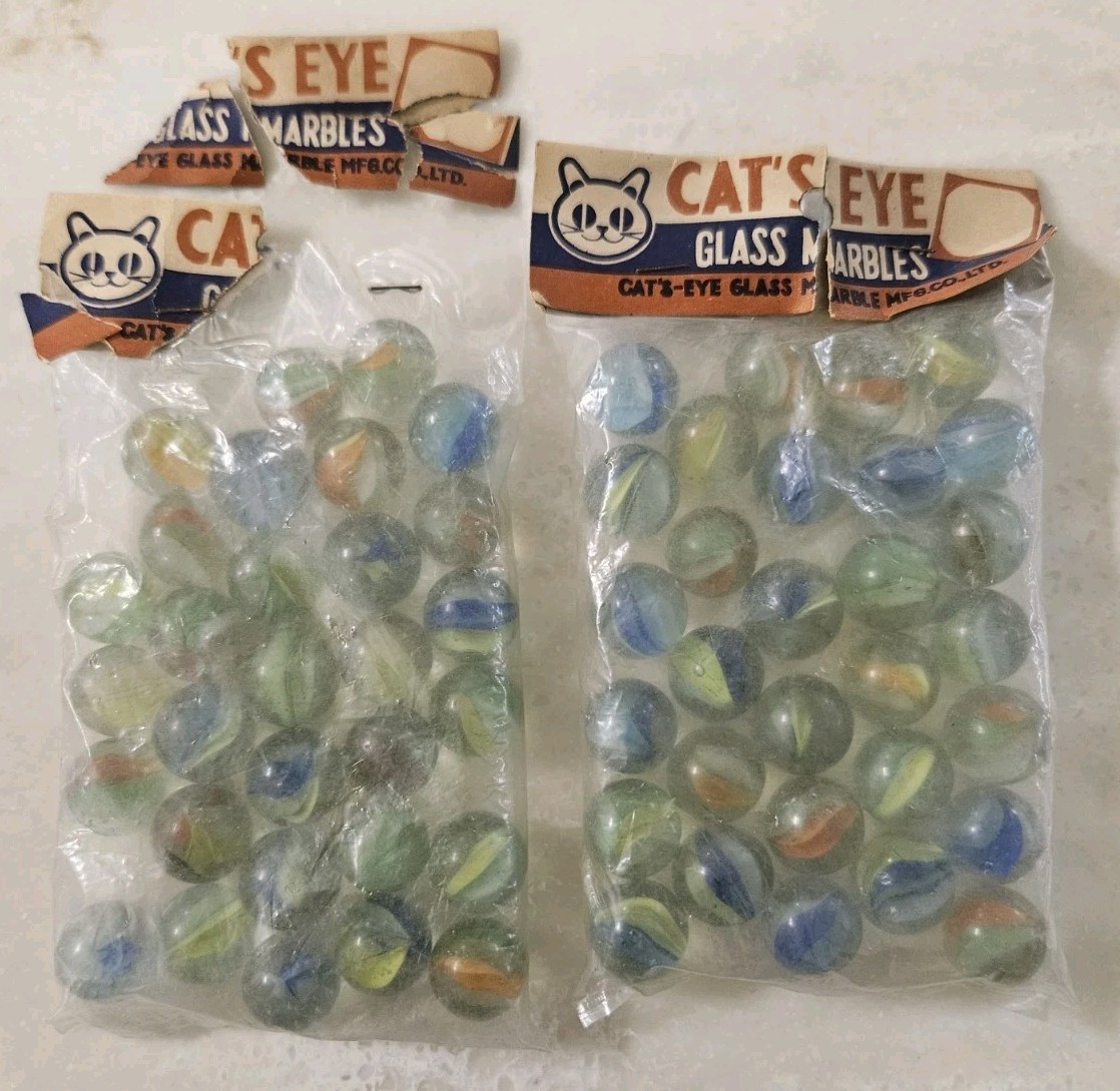 2 VINTAGE Cat’S EYE GLASS MARBLES RACK PACK 30 MARBLE SET ORIGINAL PACKAGE Japan