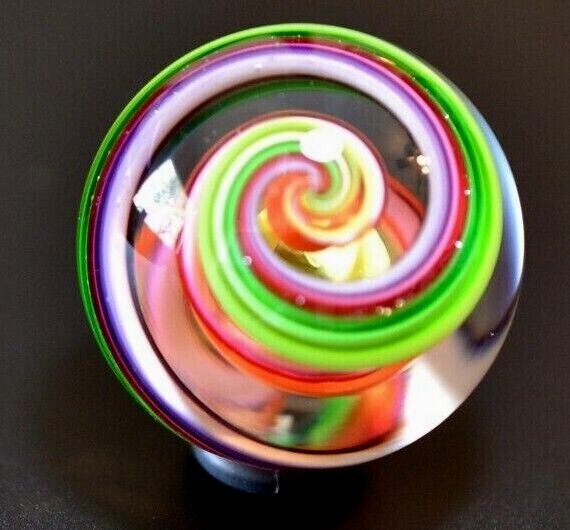 EDDIE SEESE GLASS MARBLE/1.526″-SPRINGTIME CYCLONE-YELLOW,,MAGENTA DICHROIC,ORG+
