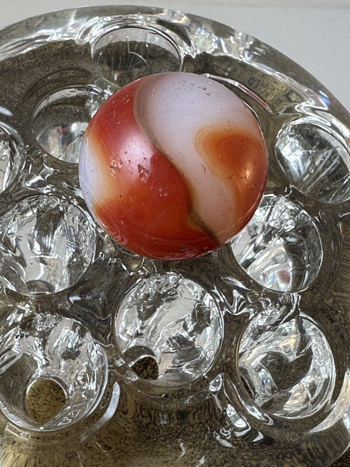 85/128 RED, BROWN & OPAQUE WHITE SHOOTER MARBLE SMOOTH