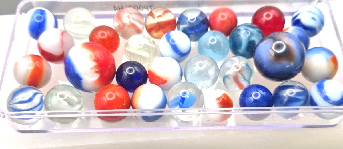 Vintage Assorted Patriot Red White Blue Glass Marbles Shooter Target Size 32pc.