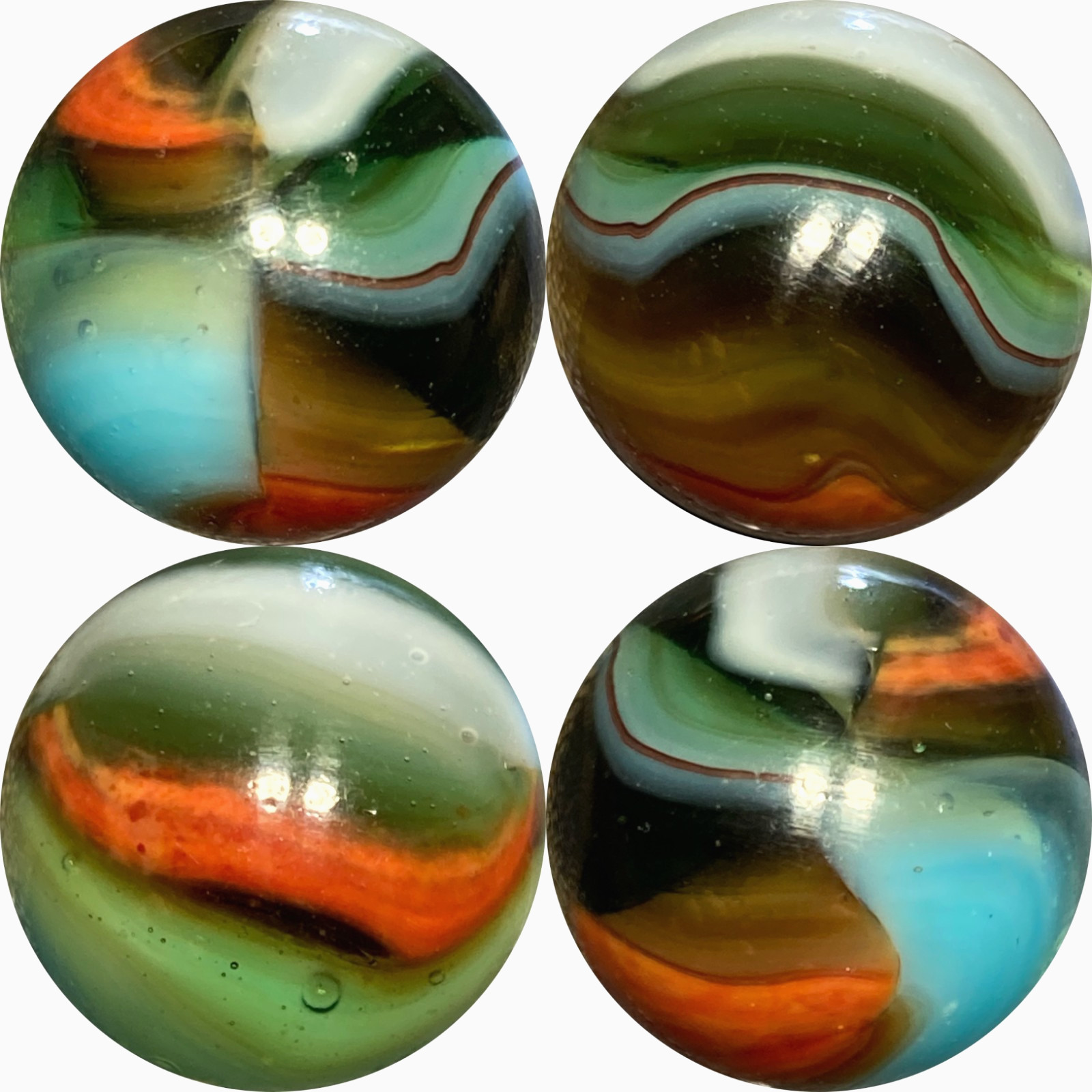 (one) 5/8″ PELTIER MULTI-COLORED RAINBO MARBLE, w/ oxblood. NM+