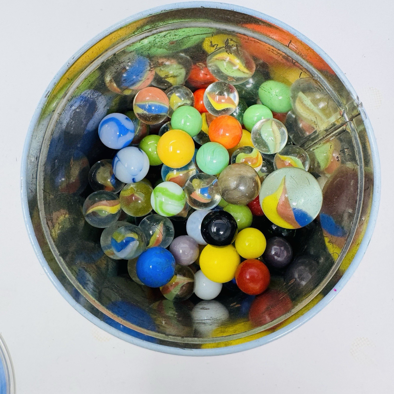 Vintage Marble Lot Of Over 150 Mixed Sizes – 1 Cats Eye Shooter In Vintage Tin
