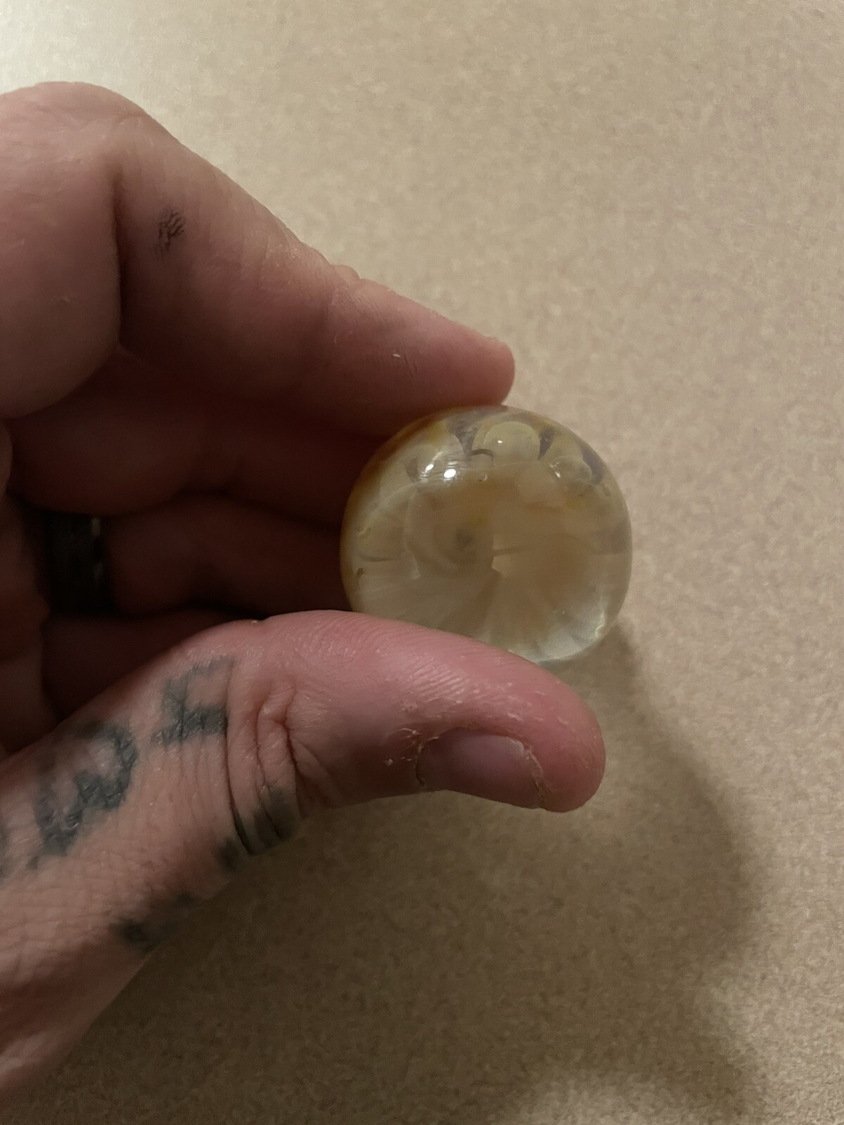 1 1/2 “ Tall Glass Marble , Two Tiny Chips On The Bottom Read Desc