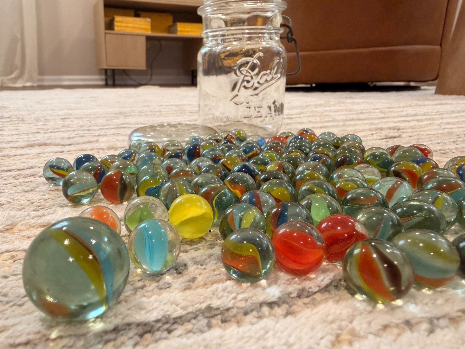 Vintage Ball Ideal Glass Mason Jar Filled with 1 Lb Cat’s Eye Marbles Shooters
