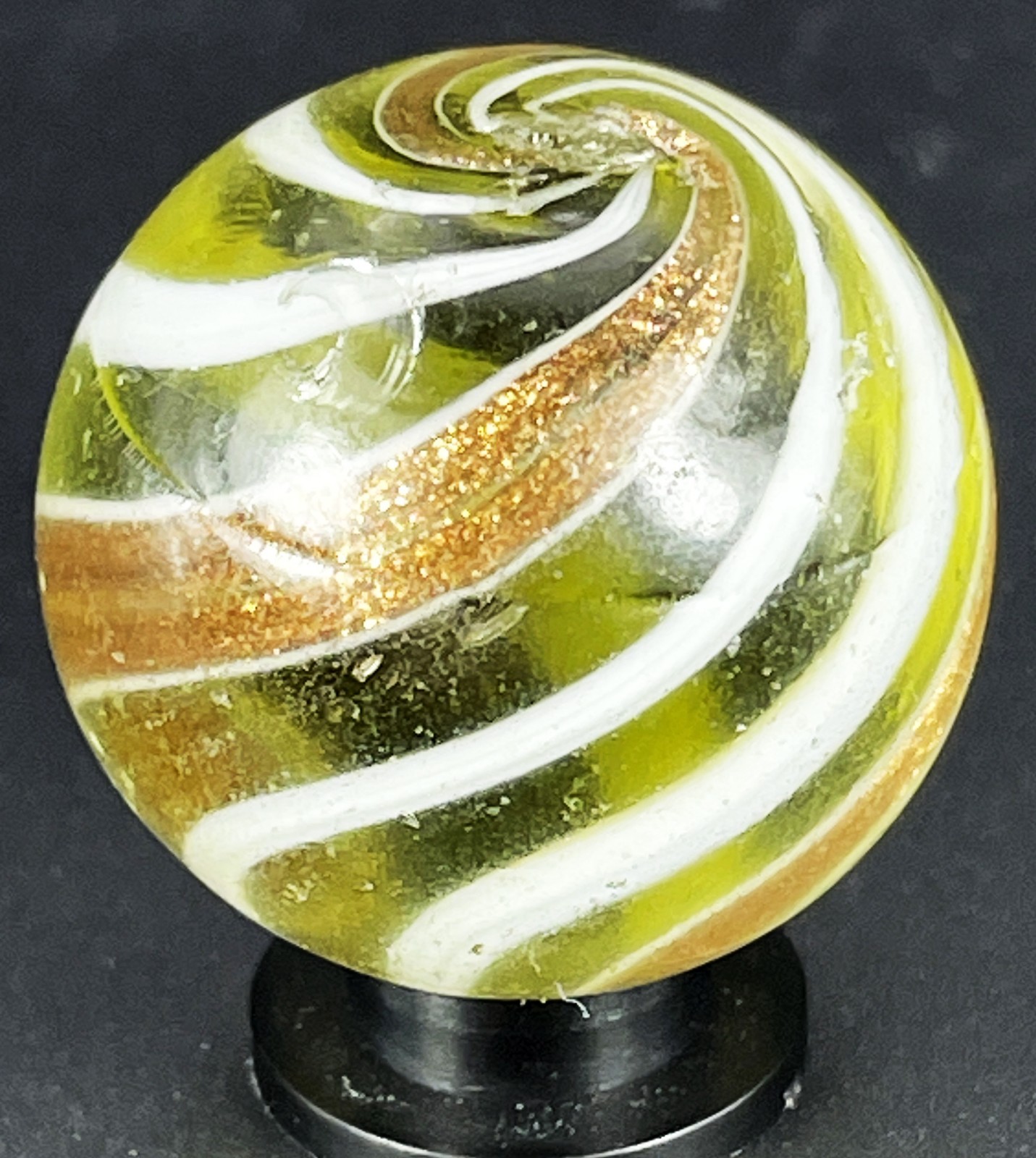 Large Antique Handmade Olive Base Glass Banded Lutz Marble – 1.008″