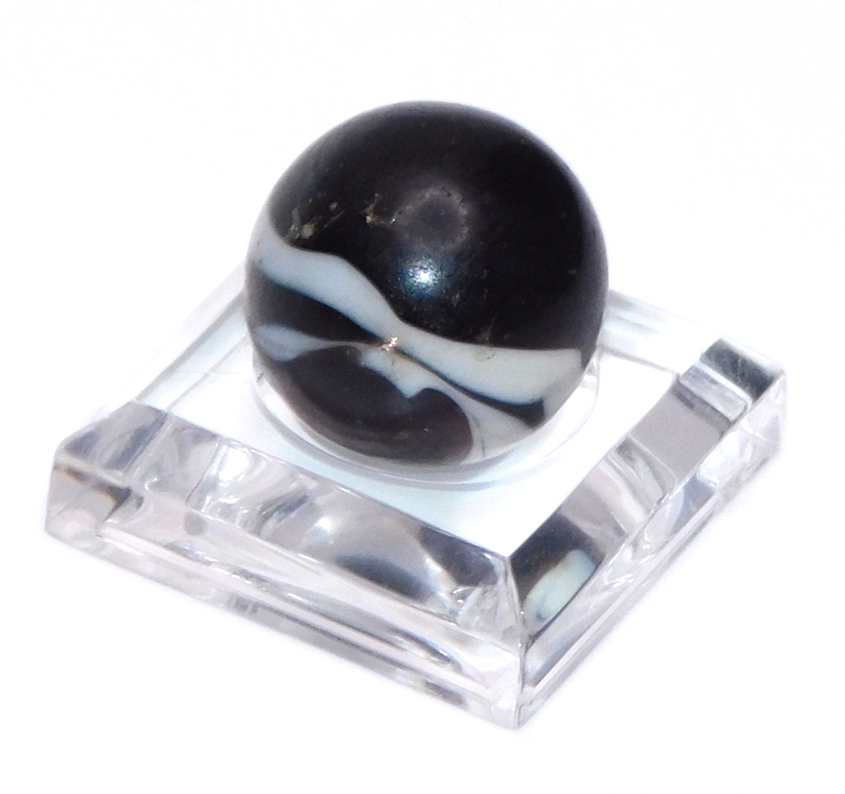 Vintage Glass Marble Near Opaque Black White Corkscrew? UV Reactive 0.59″ #U-15