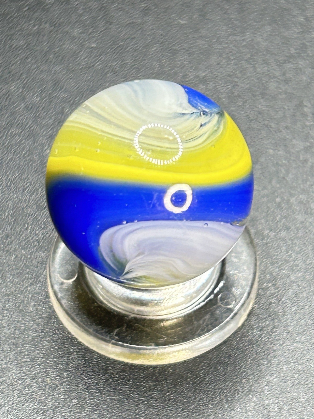 Vintage Akro Agate Popeye Marble Blue & Yellow 0.709”