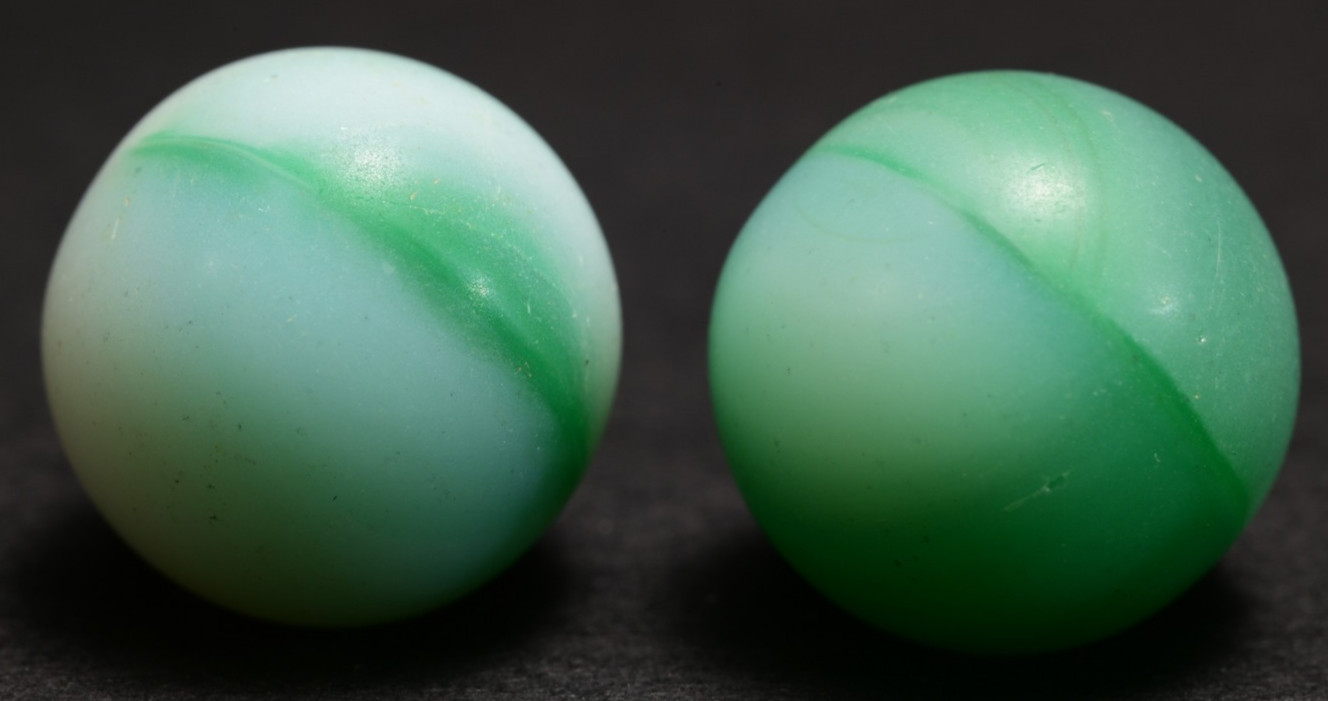 Czechoslovakian Bullet Mold Marbles Vintage Pair Jade Hues 1970’s 13.5mm 17/32”