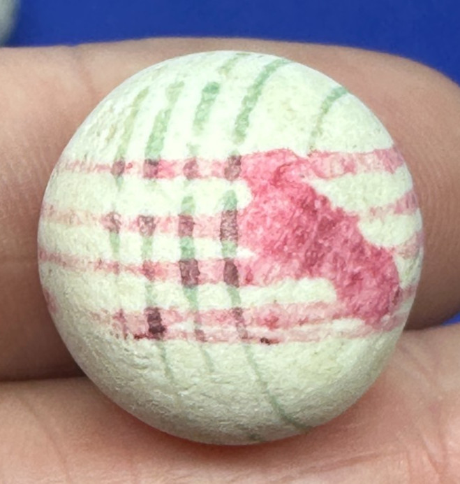 .75″ LINED CHINA MARBLE ANTIQUE GREEN RED 1800’s HANDMADE VINTAGE old toy