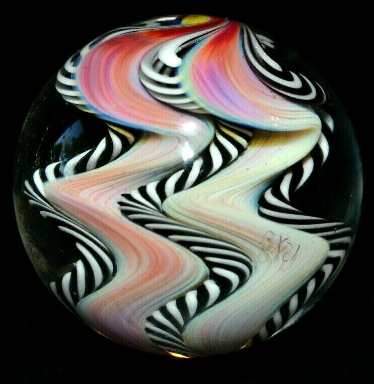ERIC BROCK GLASS MARBLE/1.716″-FILIGRANA RAINBOW TOTEM POLE-4 FILIGRANA RIBBONS-
