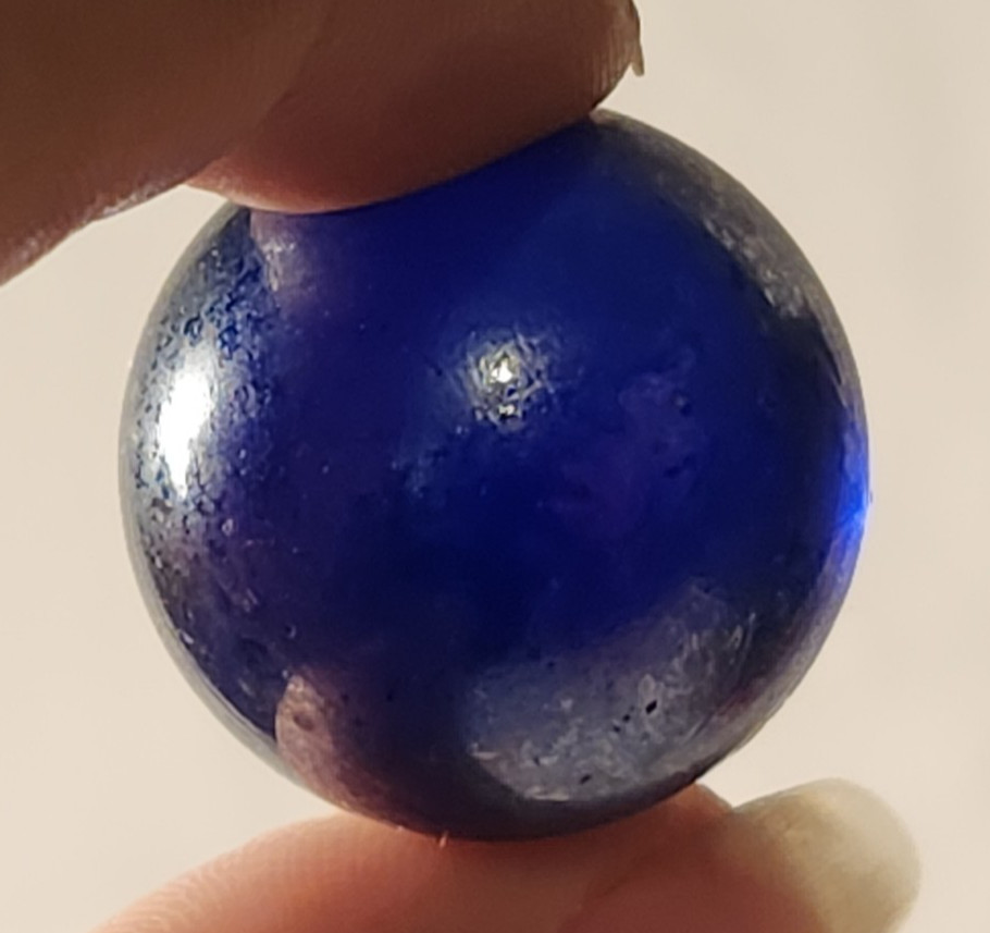 Vintage Pair 1″ Glass Marbles – Translucent Cobalt Blue Chrome / Iridescent