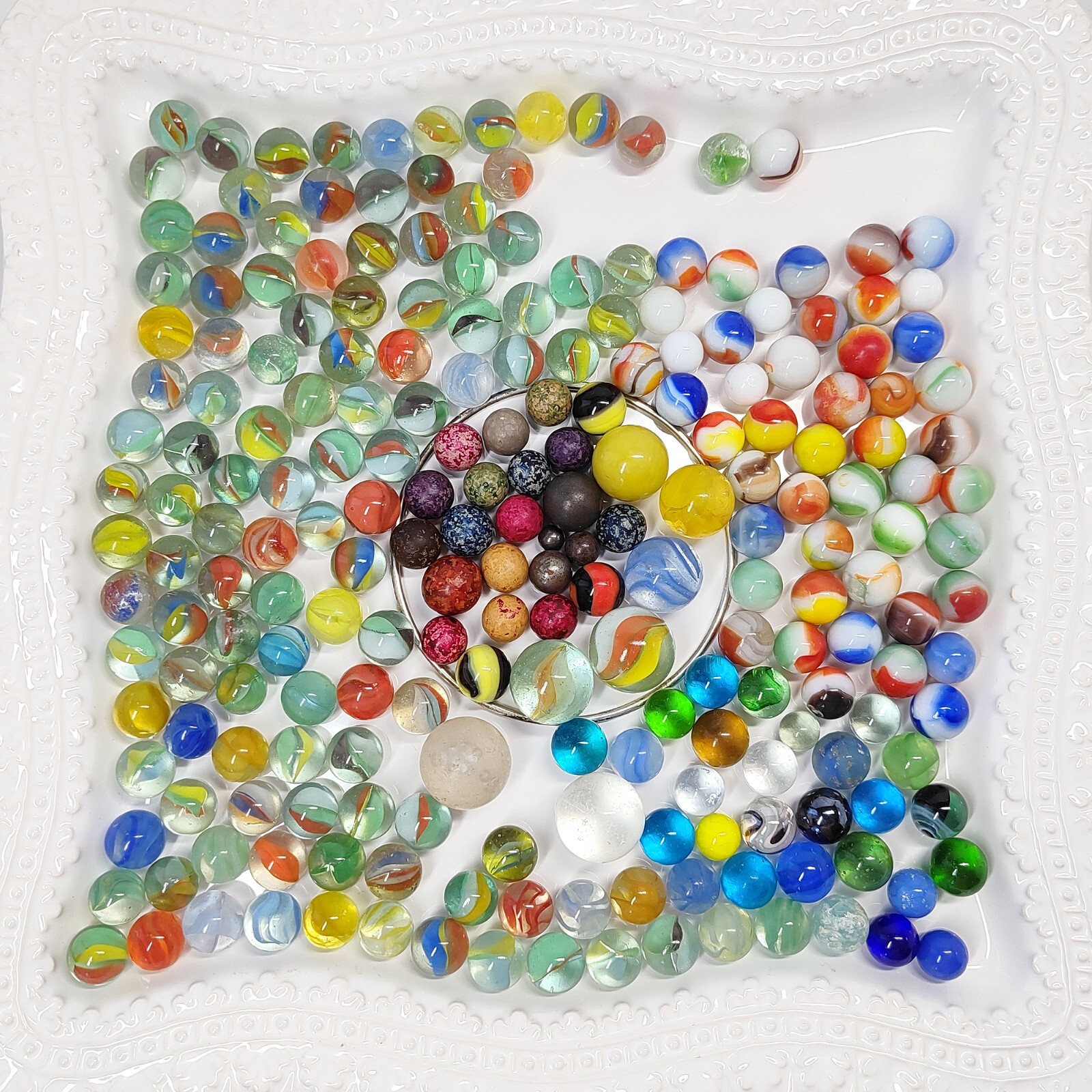 Vintage LOT 215+ Estate Marbles CLAY GLASS METAL Swirl Cats Eye Shooters