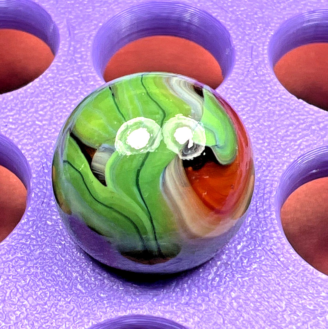 DAS/CHAMPION/WV/JABO RED GLASS & LIME GREEN FLAME SWIRLED SHOOTER .72″ BOX01/216