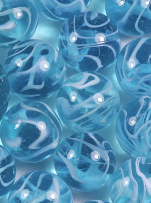 Bulk PK 50 Oxygen 16mm Glass Player Marbles 5/8″ Transparent Blue w White Swirls