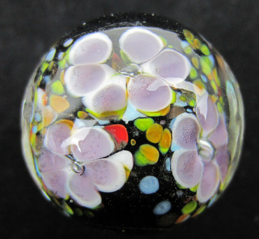 22mm MAGNOLIA Black/Purple Flower Handmade art glass Marble 7/8″ SHOOTER