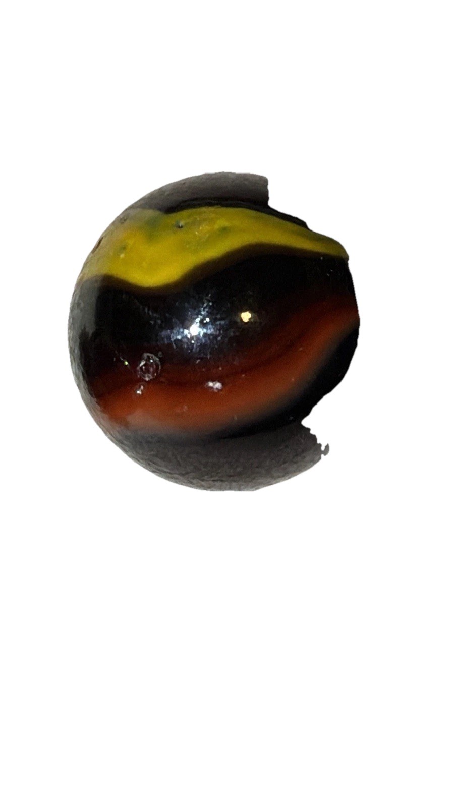 Lot of 3 Vintage US Glass Swirl Marbles Black Red Yellow Fire Polished 1 Inch
