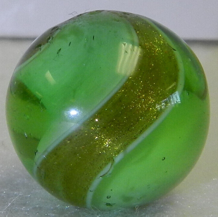 #18726m Large .75 Inches Vintage Green Glass German Handmade Ribbon Lutz Marble
