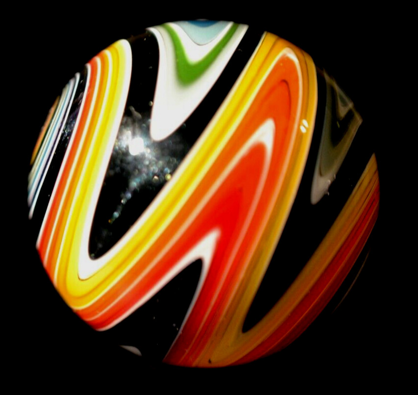 GEORGE BECK GLASS MARBLE/1.975″STUNNING WIG-WAG-APRICOT,DARK BLUE LUTZ,MINT,TEAL