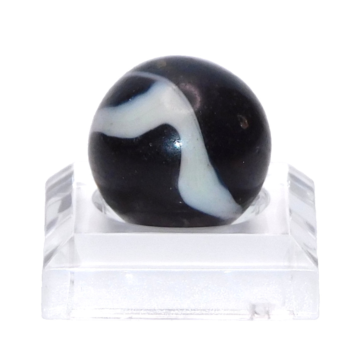 Vintage Glass Marble Near Opaque Black White Corkscrew? UV Reactive 0.59″ #U-15