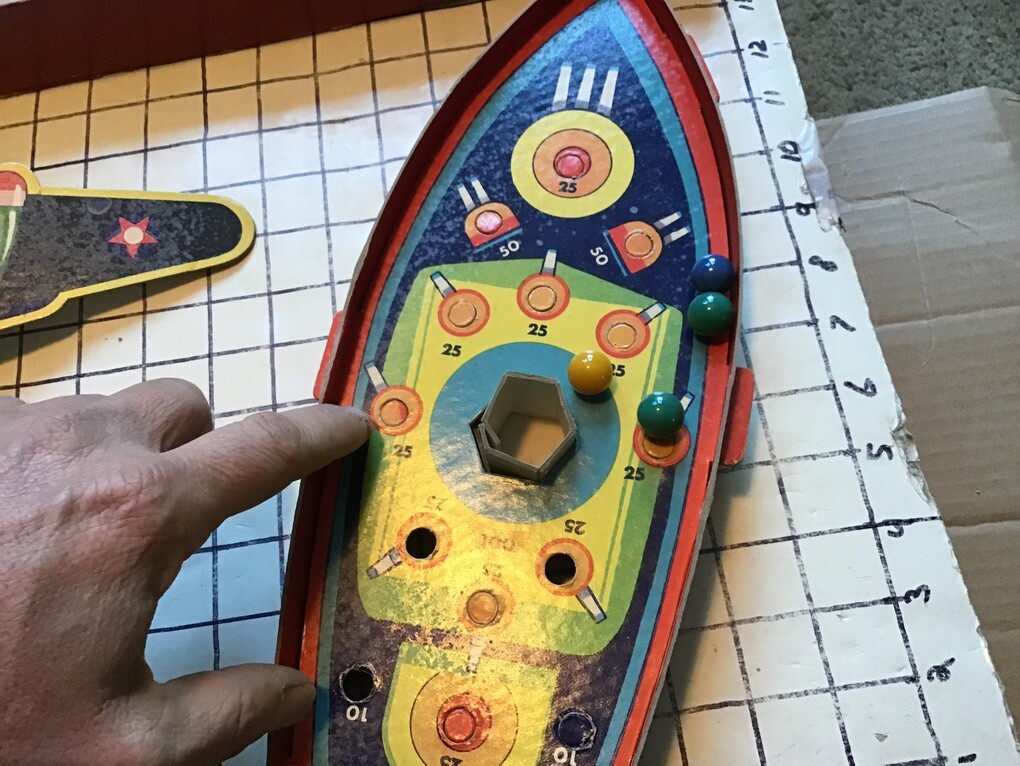 Vintage WWII era cardboard toy: BOMBER BALL drop marble bombs on boat WOW – rare