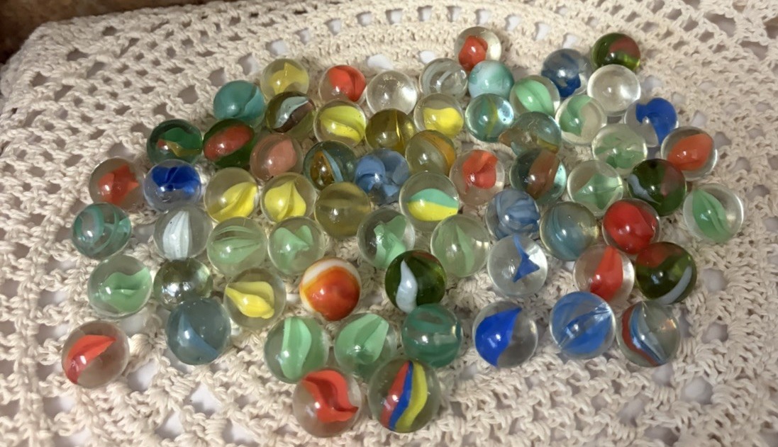 Lot of 65 Glass Marbles Cat’s Eye Swirls Various Colors